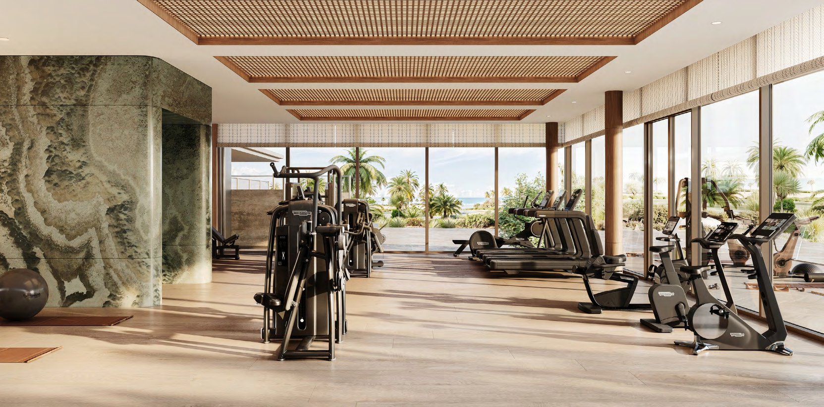 Gym with timber ceiling and glass walls opening onto palms