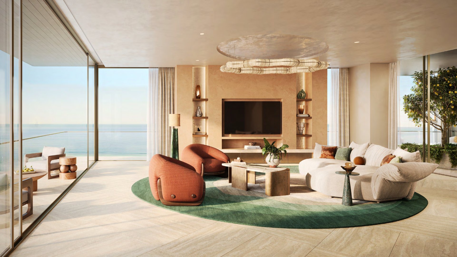 Bright living room with green rug, glass walls and sea terrace
