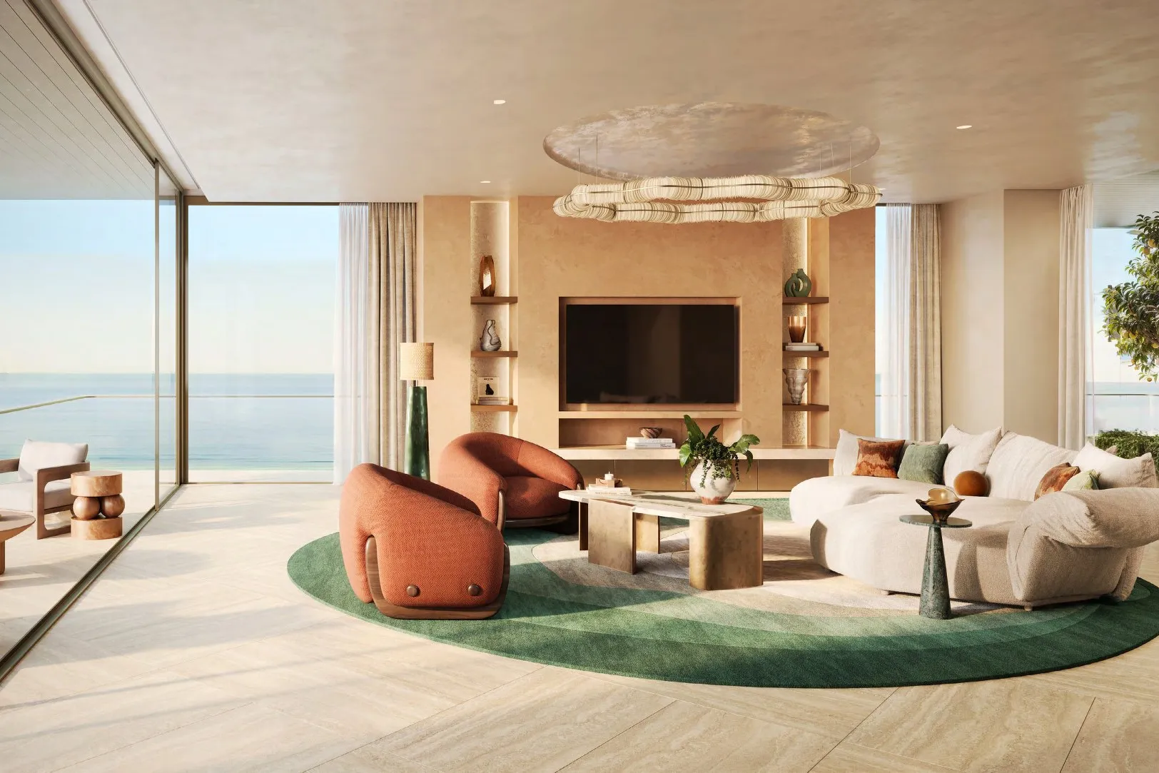 Bright living room with green rug, glass walls and sea terrace